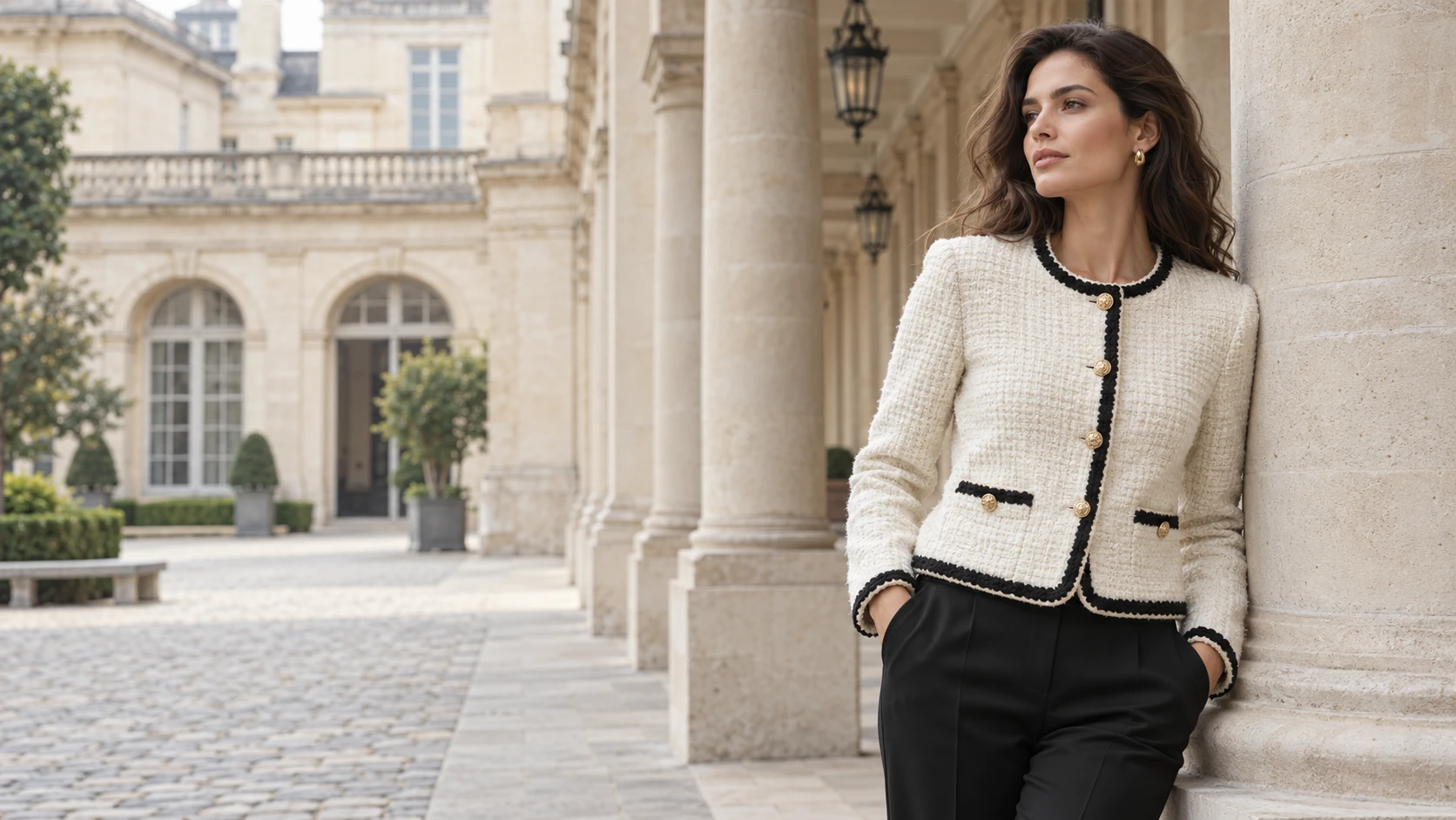 Elegant ivory tweed jacket with black edging, styled in a French architectural setting
